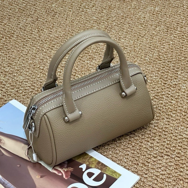 Retro Boston Pillow First Layer Cowhide Minority Fashion Lychee Women's Handbag