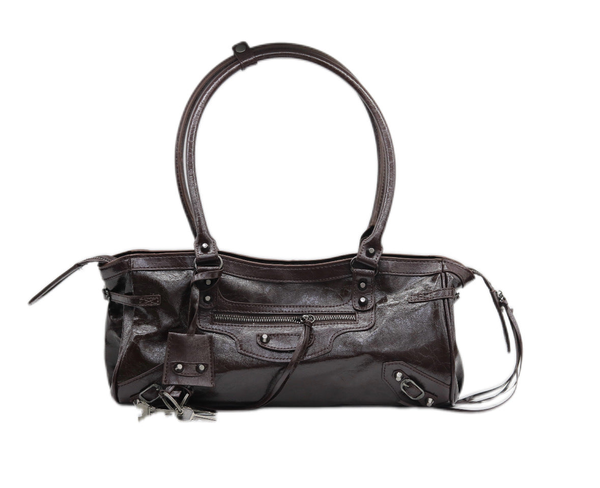 Pu Leather Motorcycle French Stick Button Women's Shoulder Bag