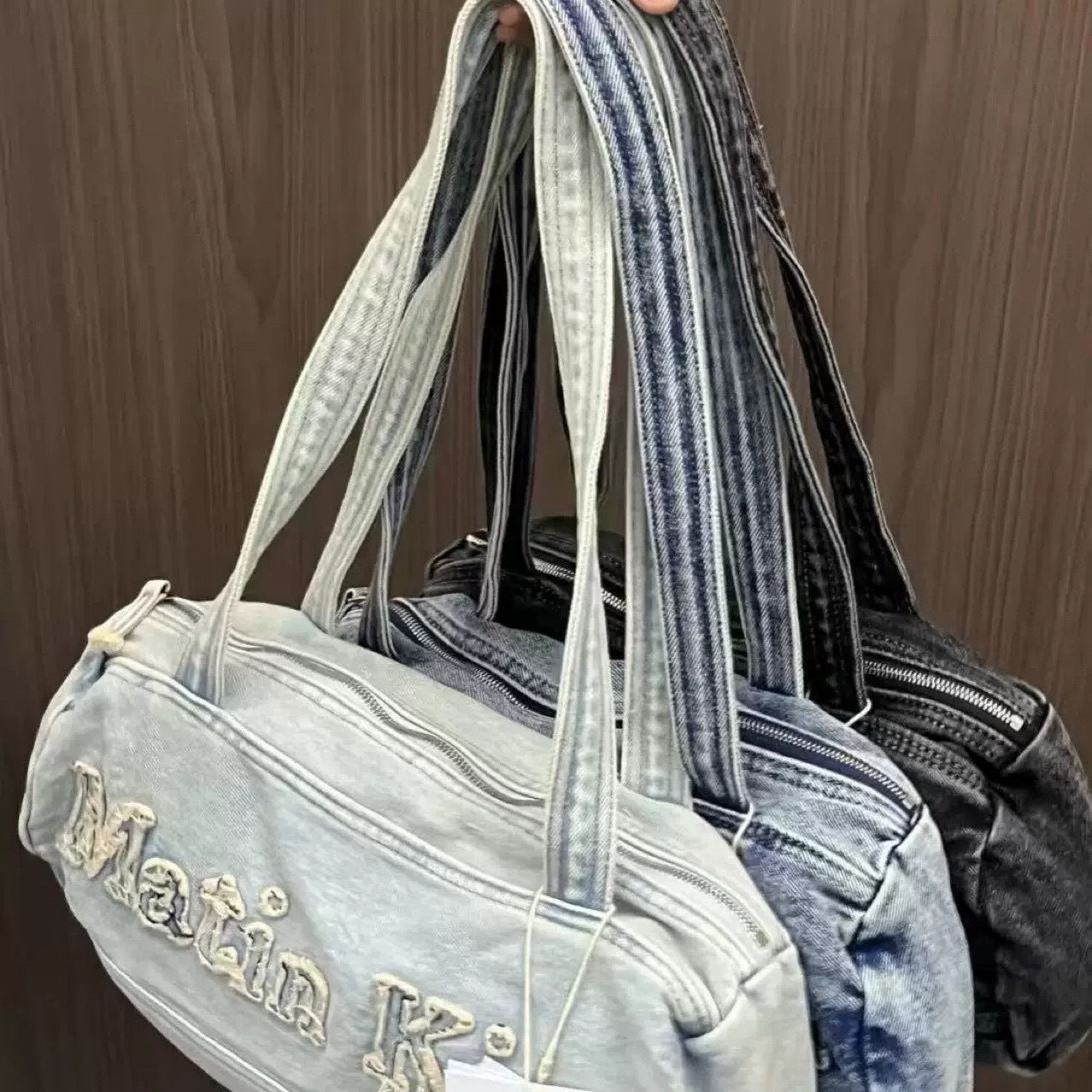 Niche Letter Embroidered Retro Washed Denim Large Capacity Tote Bag
