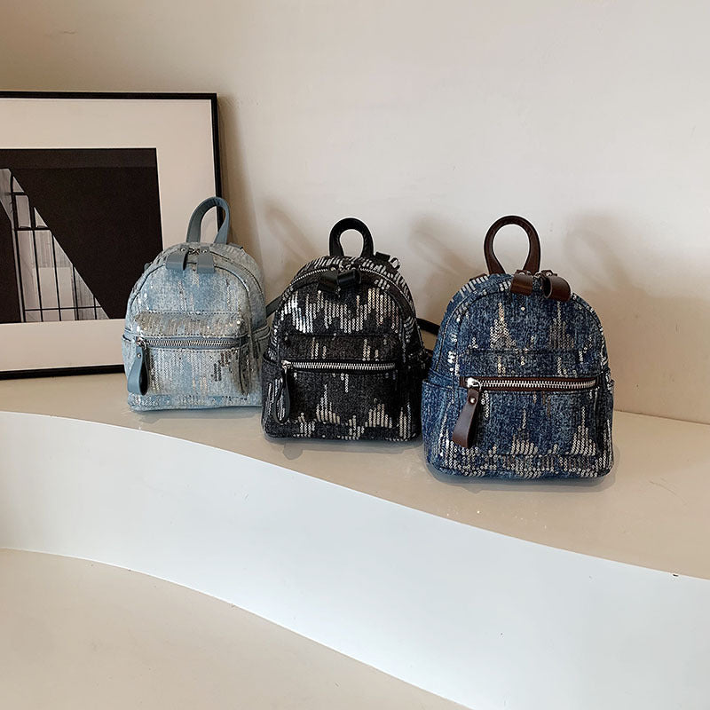 Women's Fashion High-grade Western Style Sequined Denim Backpacks