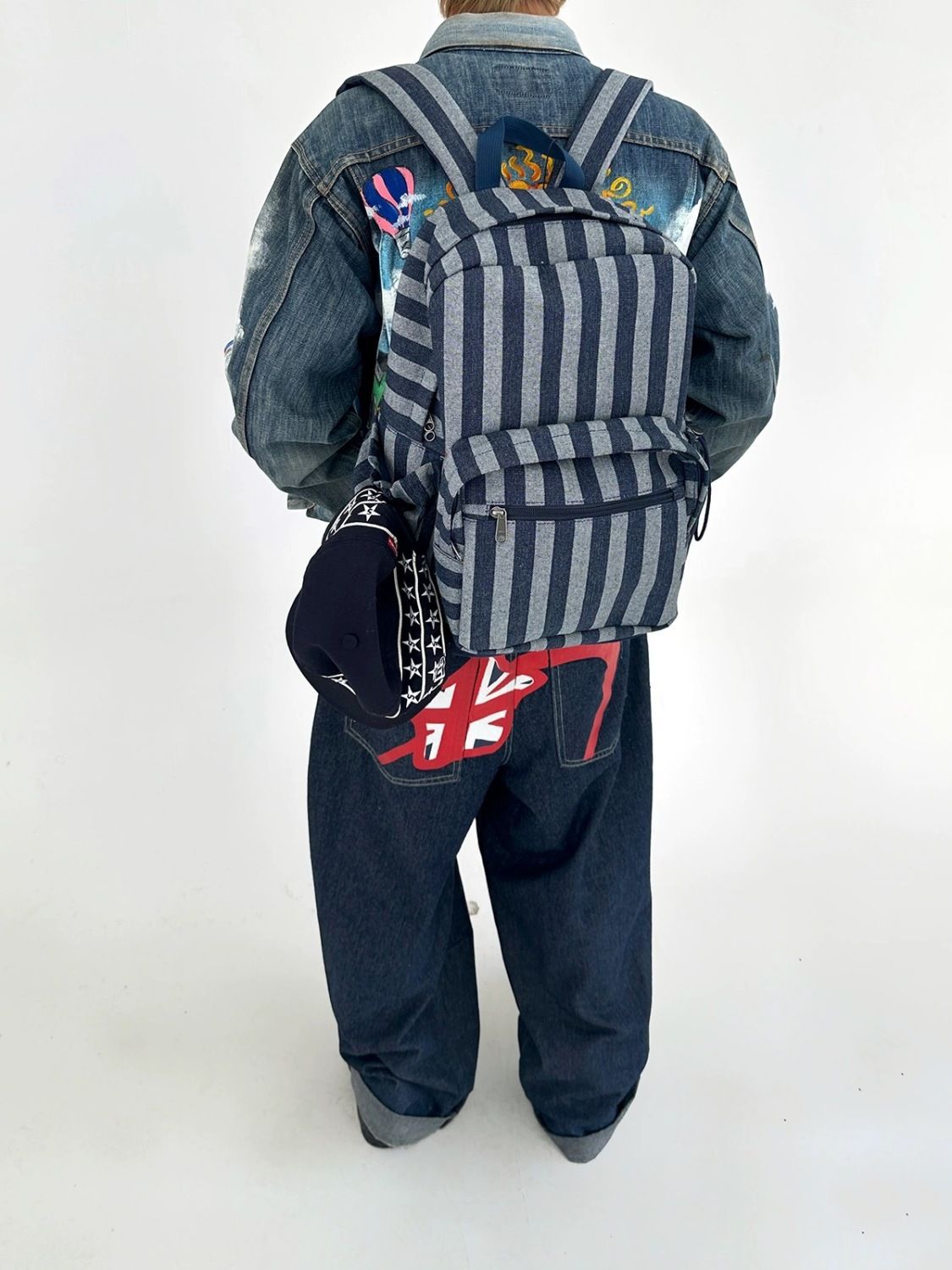 Stitching Veet Striped Denim Large Capacity Lovers Backpacks