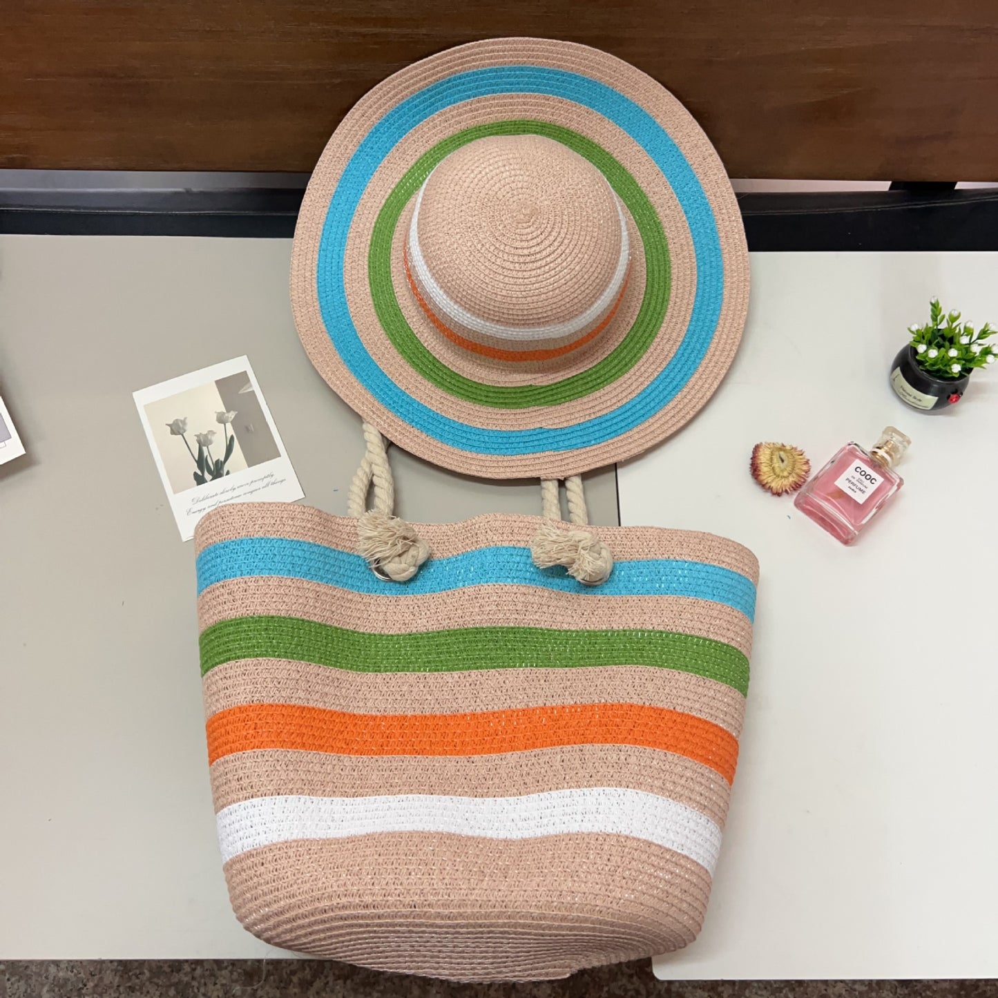 Summer Lady Colored Mosaic Beach Straw Tote Bag