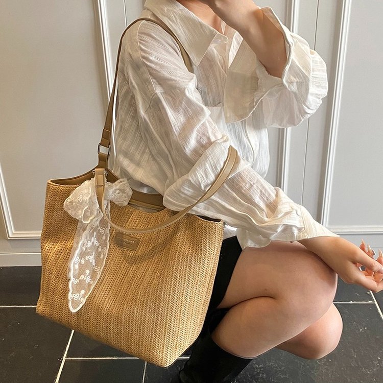 Summer Knitted Large Capacity Simple Ribbon Tote Bag