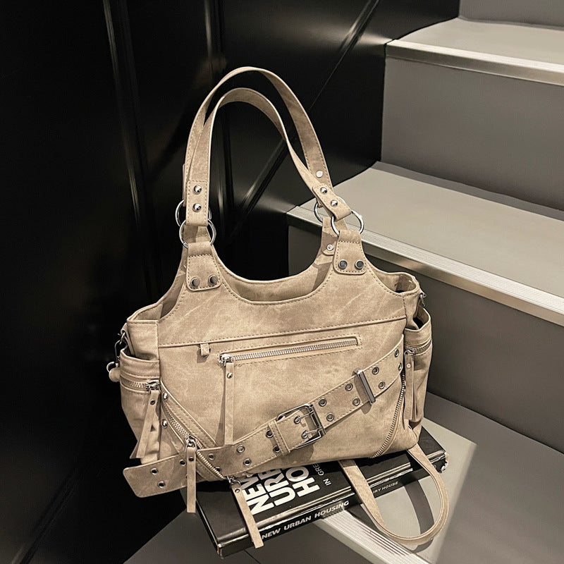 Retro Rivet Motorcycle Large Capacity Textured Women's Shoulder Bag