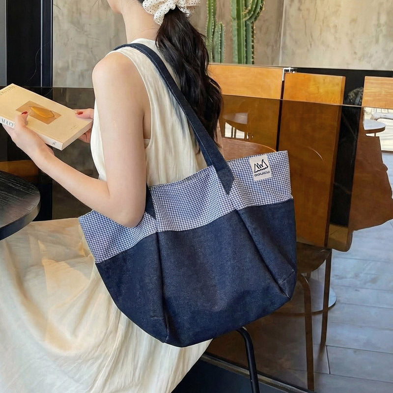 Korean Style Fashion Color Contrast Denim Niche Western Commuter Tote Bag
