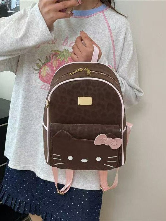 Women's Korean Cartoon Cute Hello Kitty Design Vintage Leopard Print Leisure Backpack