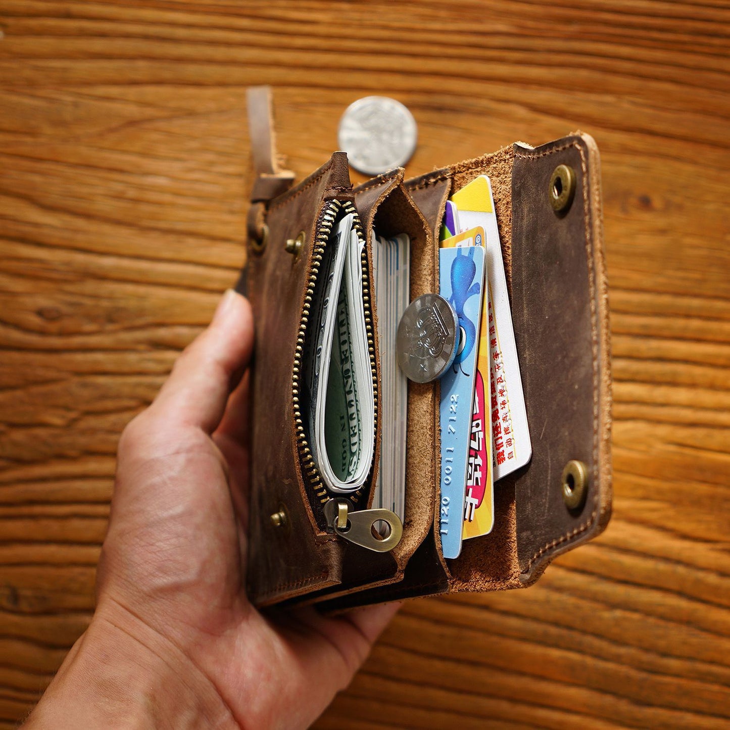 Simple Handmade Genuine Leather Short Vintage Crazy Horse Zipper Card Pack Card Sleeve