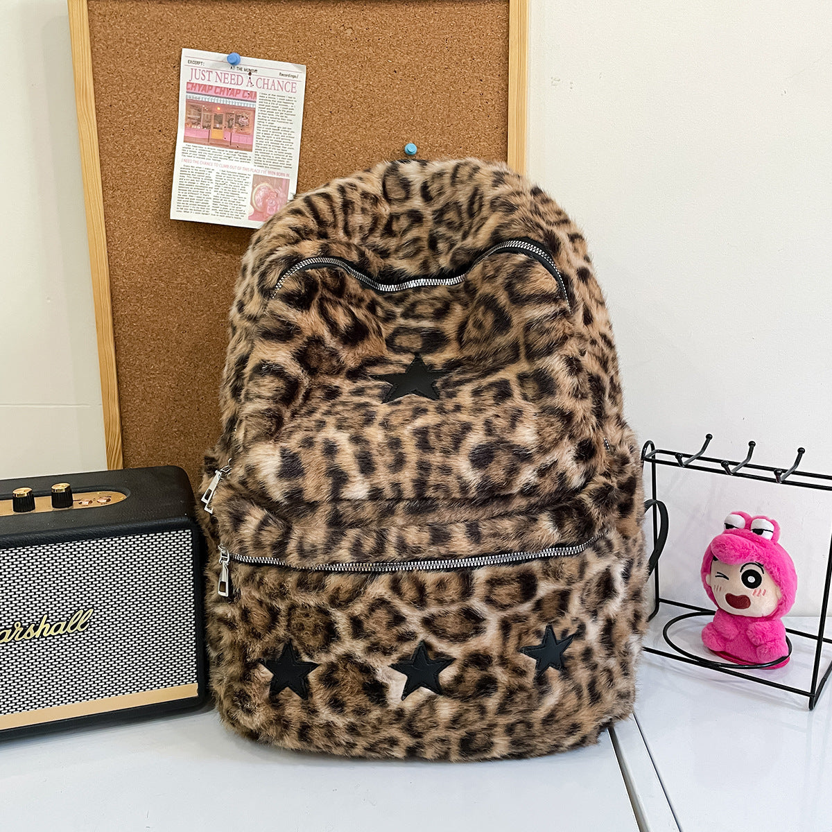 Women's Plush Large Capacity Leopard Print Cows Pattern Good-looking Fur Backpacks