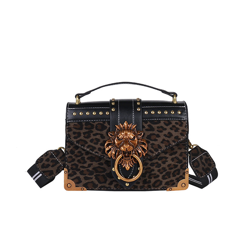 Women's Leopard Print Simple Rivet Lion's Head Women's Shoulder Bag