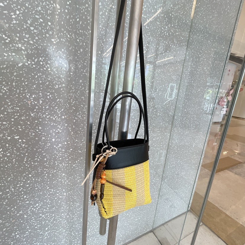 Cowhide Woven Female Lafite Straw Cross Body Striped Mobile Phone Bags
