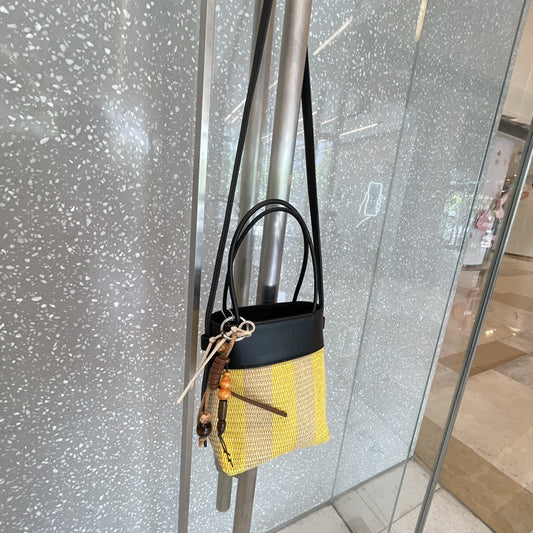 Cowhide Woven Female Lafite Straw Cross Body Striped Mobile Phone Bags