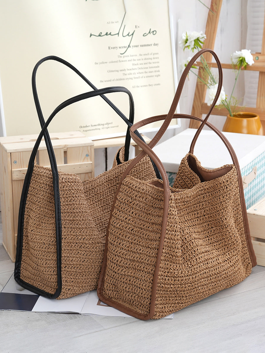 Women's French Style Large Capacity Straw Niche Solid Color Woven Vacation Women's Shoulder Bag