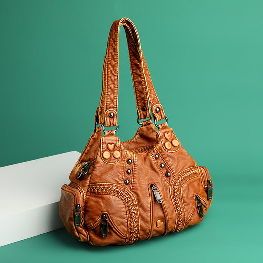 Women's Washed Fabric Soft Leather Textured Retro Fashion Saving Solid Shoulder Bags