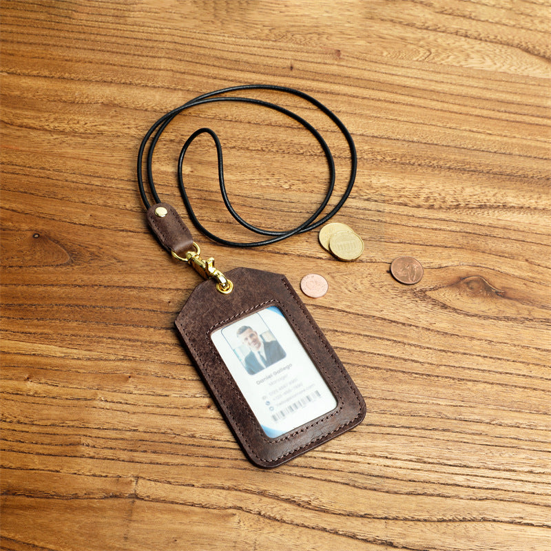 Cowhide Work Certificate With Lanyard Badge Entry Exit Permit Bus Card Pack Card Sleeve
