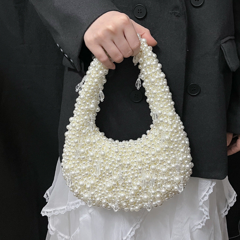 French Retro High-grade Handmade Beaded Imitation Pearl Dumplings Banquet Women's Handbag