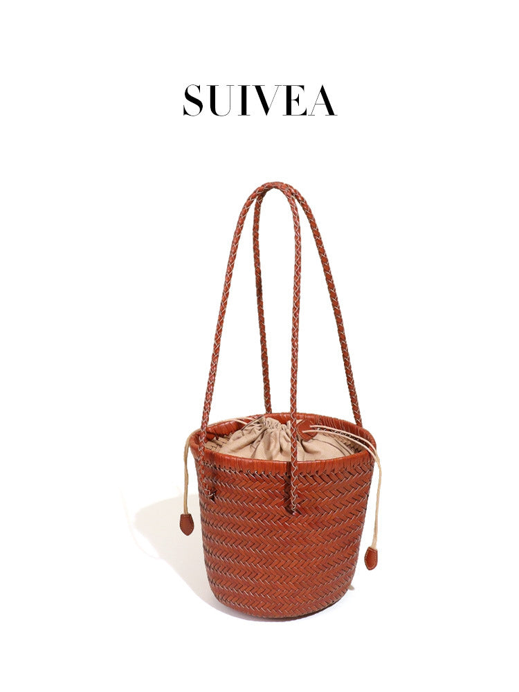 Women's Leather Woven Underarm Beach Vegetable Basket Bags