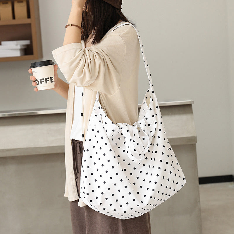 Korean Style Leisure Artistic Canvas Fashion Polka Dot Mori Contrast Women's Shoulder Bag