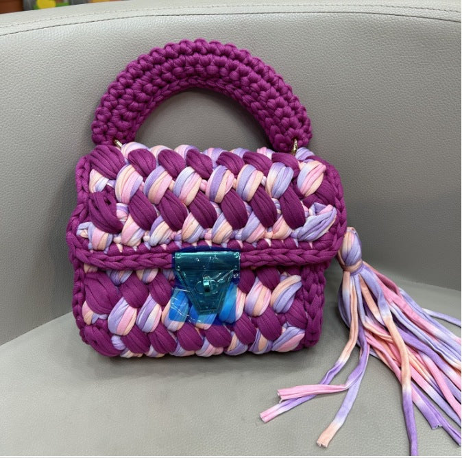 Contrast Color Handmade Finished Strip Thread Wool Bearded Bags