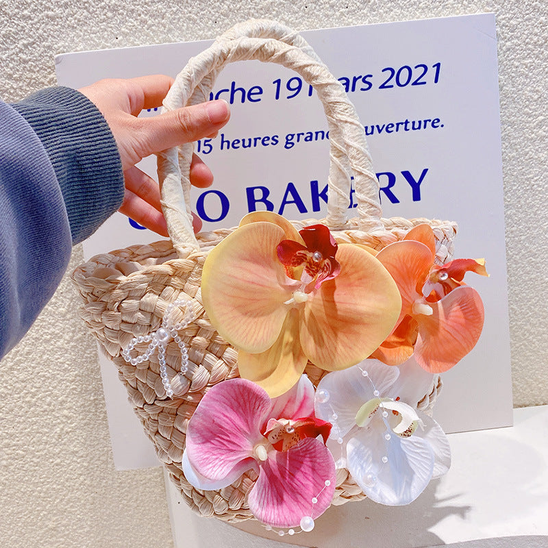 Vacation Beach Style Bohemian Phalaenopsis Flower Woven Personality Women's Handbag