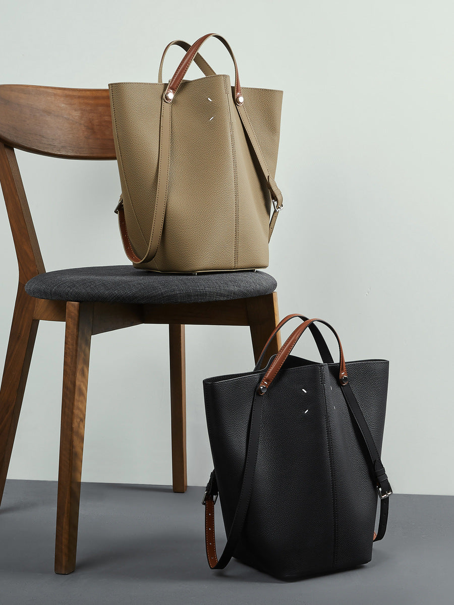 Women's Vegetable Basket Commuter Niche Large Capacity Genuine Leather Bucket Bag