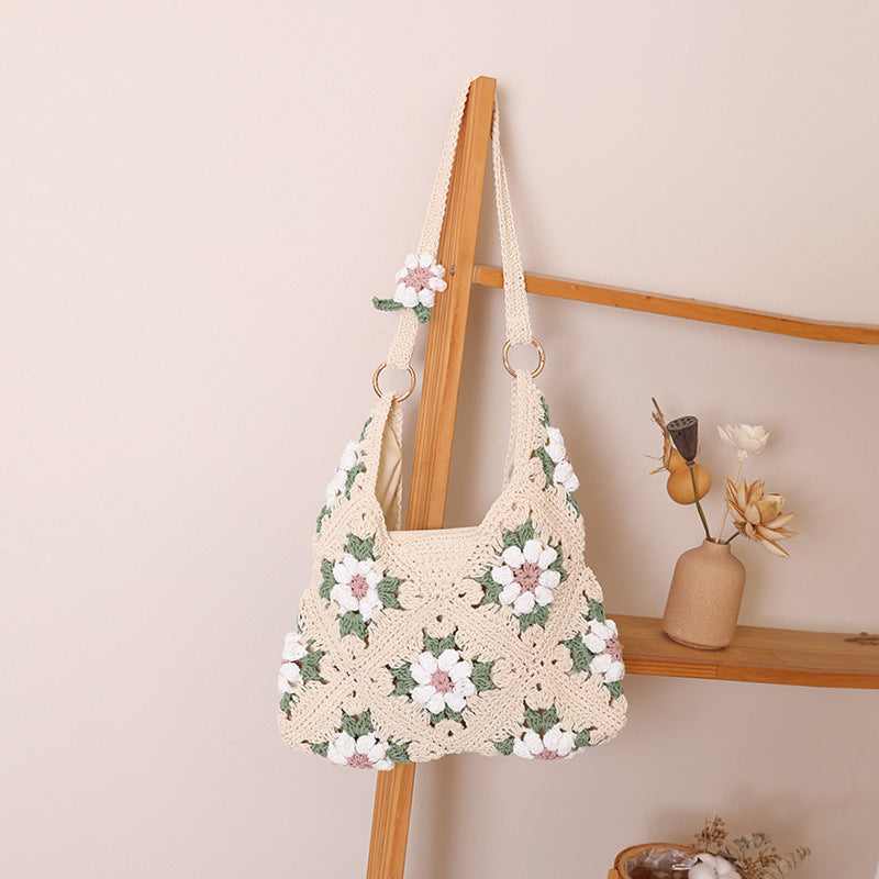 Straw Grandmother Grid Hollow Cotton Thread Woven Vacation Bags
