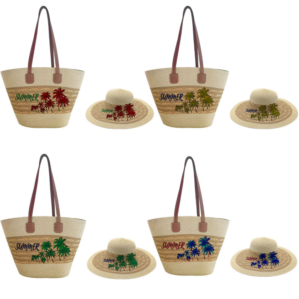 Fashionable Coconut Print Straw Woven Hat Set Vacation Women's Shoulder Bag