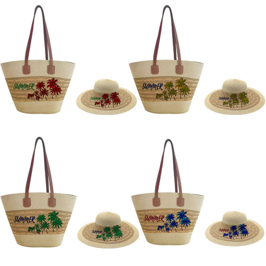 Fashionable Coconut Print Straw Woven Hat Set Vacation Women's Shoulder Bag