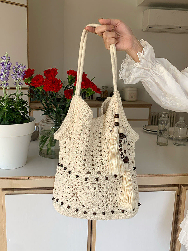 Artistic Hollow Tassel Cotton Thread Woven Large Capacity Seaside Holiday Women's Shoulder Bag