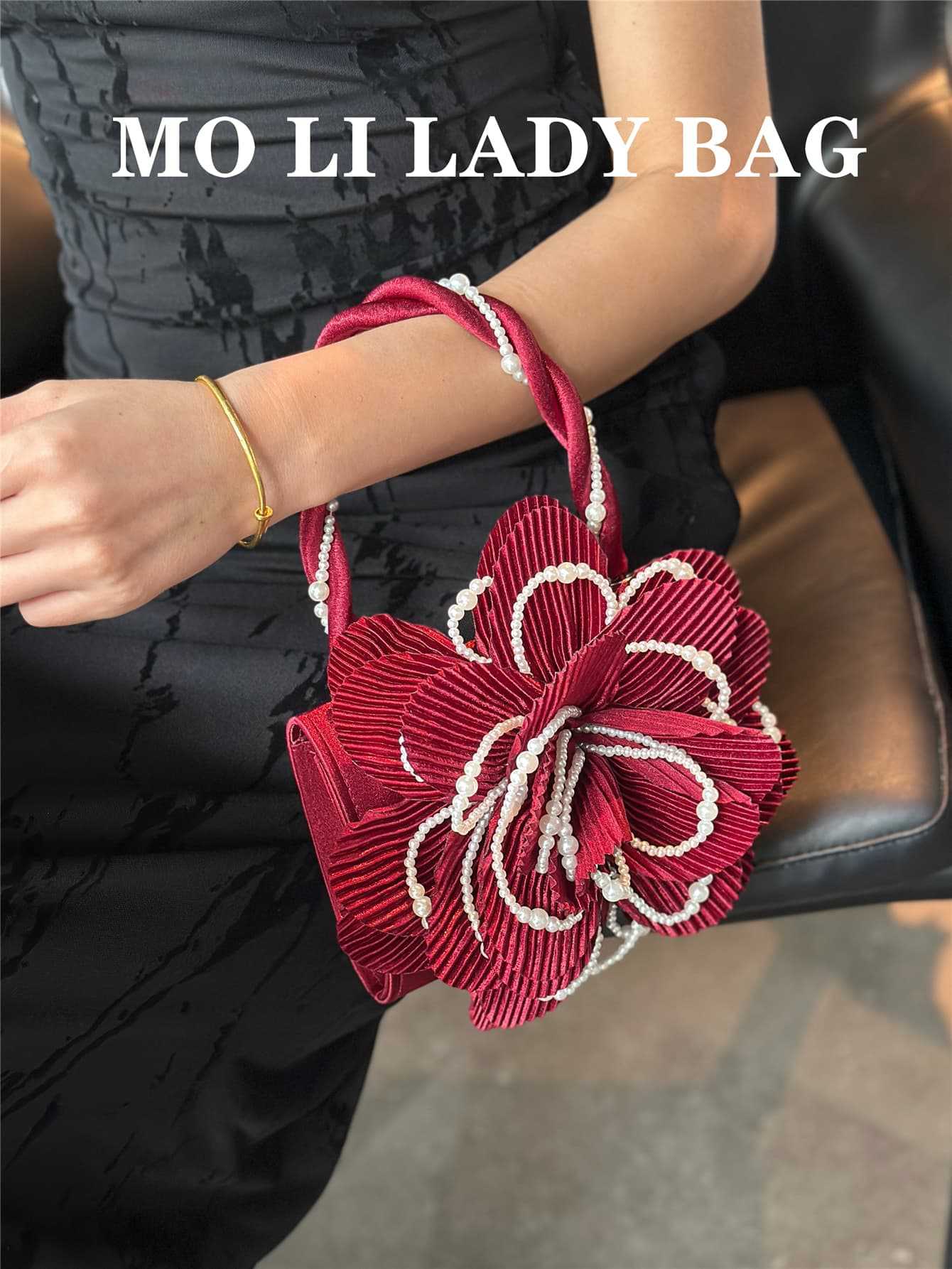 Wine Red Twist Pearl Clutch Rose Sculpting Powder Flower Bags