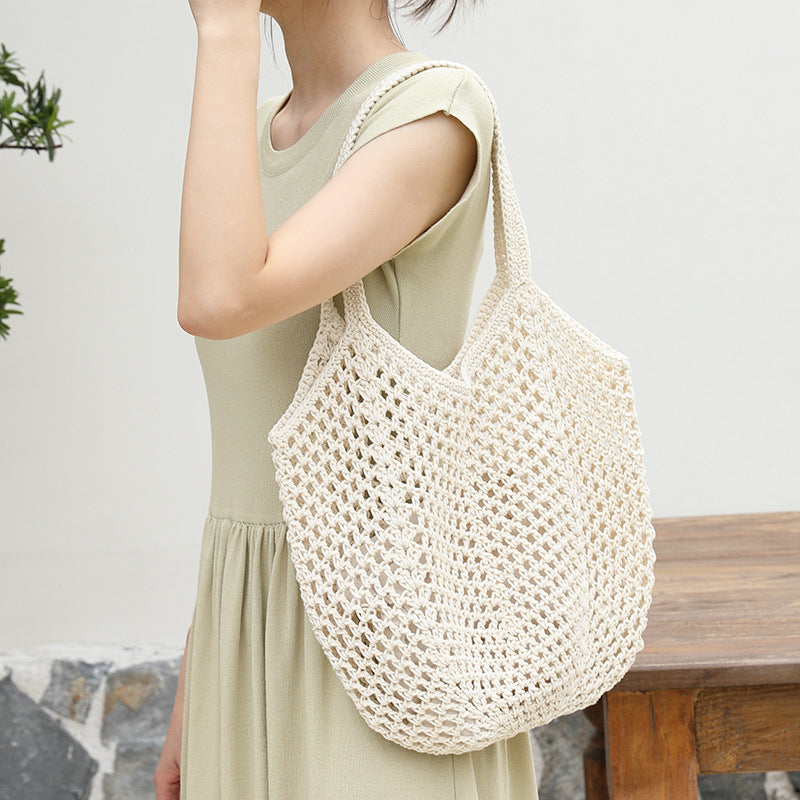 Women's Korean Drawstring Fashionable Cotton Hollow Hand-woven Women's Shoulder Bag