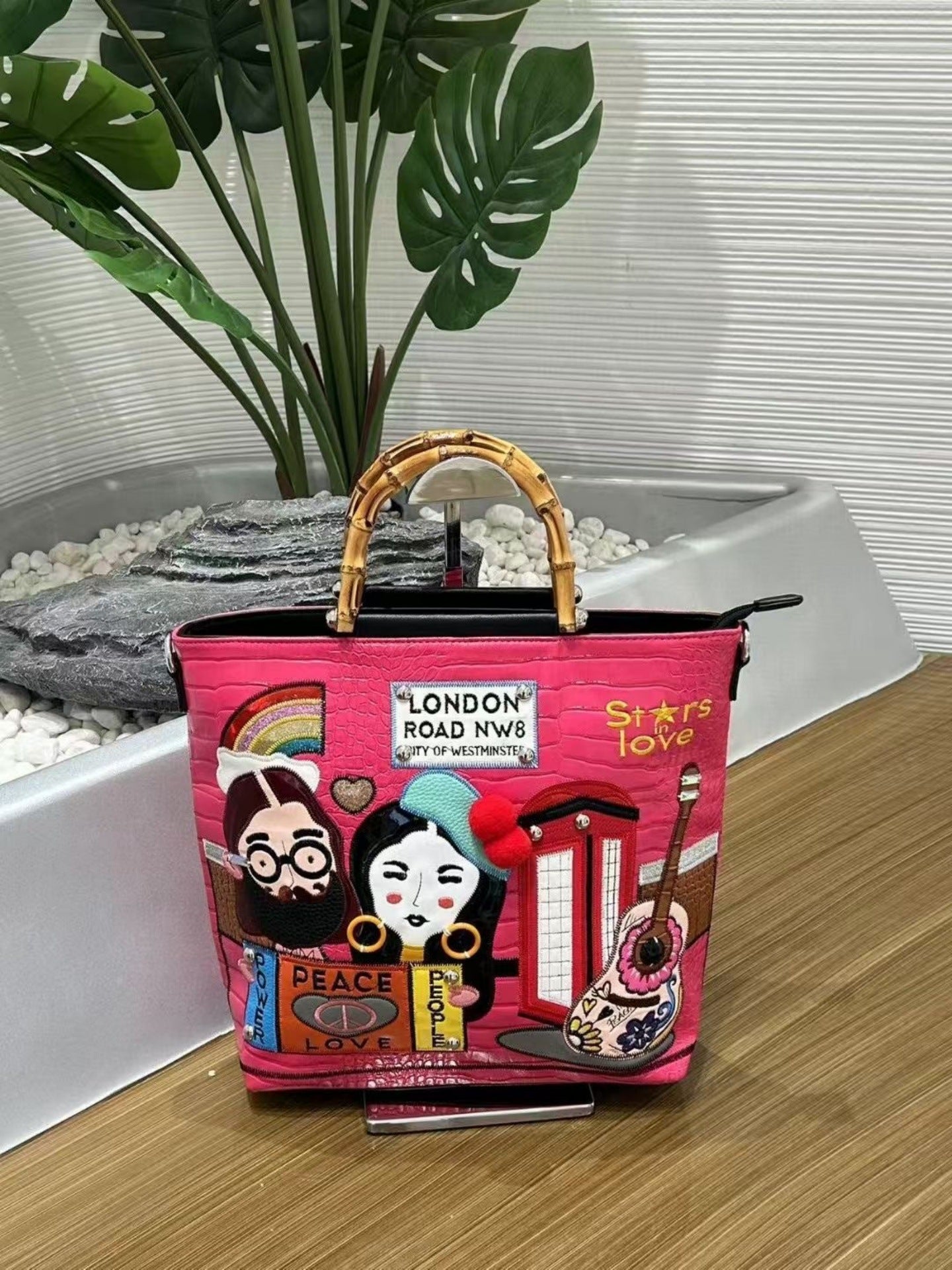 Women's Retro Color Block Embroidery Bamboo Versatile Large Handle