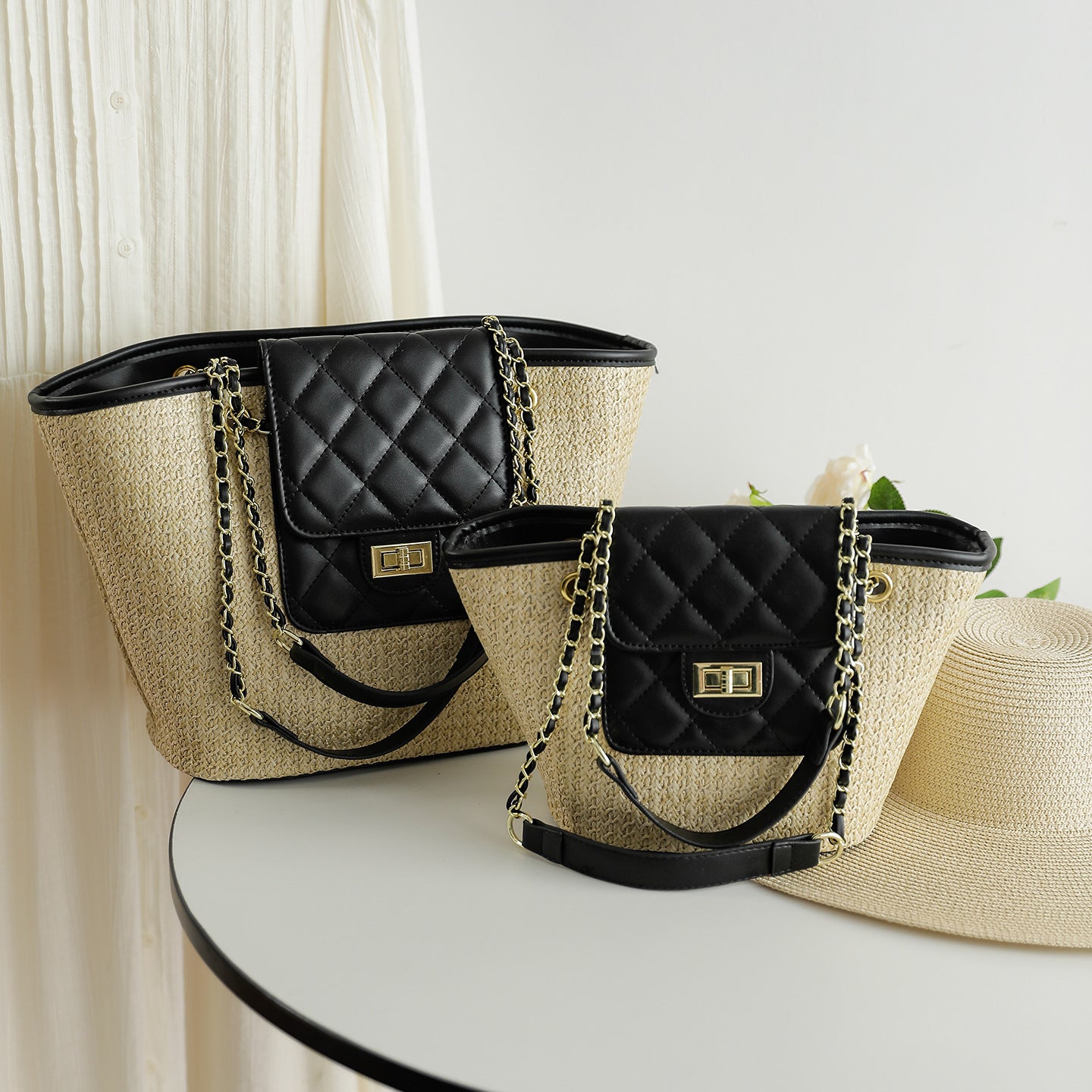 Classic Style Chain Straw Woven Trendy Fashion Tote Bag
