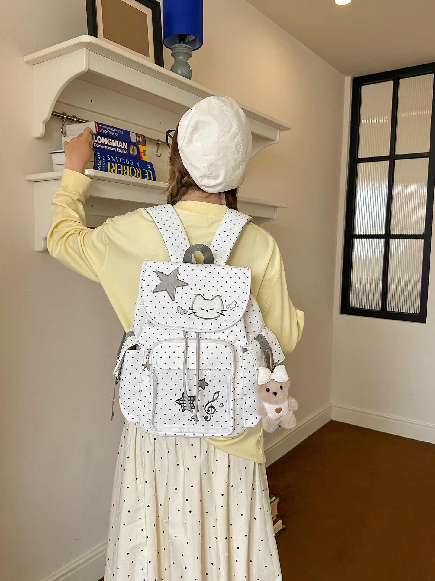 Korean Cute Polka Dot Cat Embroidery Drawstring Soft Leisure Backpack