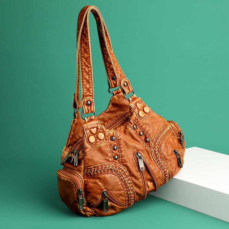 Women's Washed Fabric Soft Leather Textured Retro Fashion Saving Solid Shoulder Bags