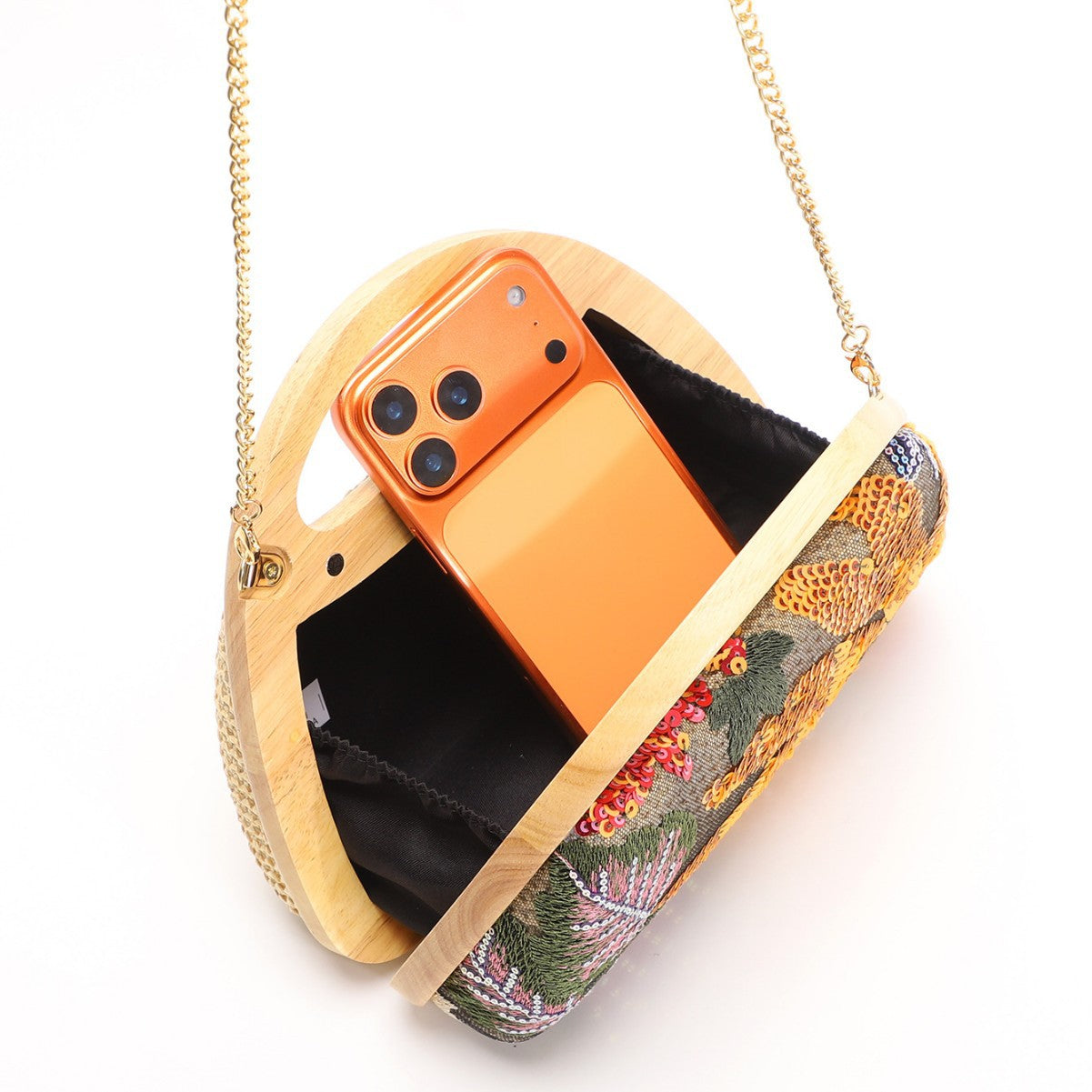 Women's Embroidered Sequins Floral Wooden Box Suction Women's Handbag