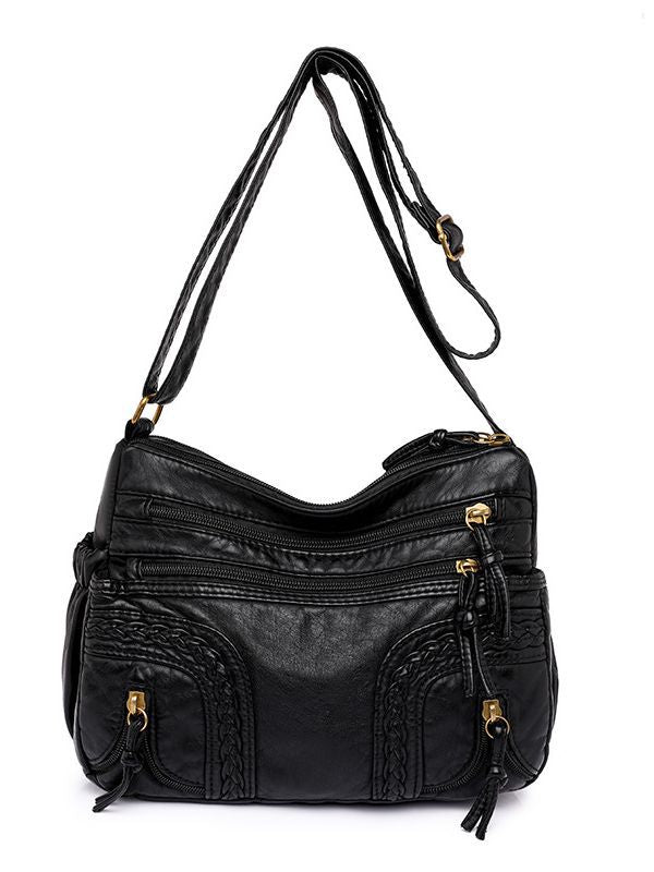 Women's Authentic Leather Tactile Feel Washed Woven Fashionable Large Capacity Women's Shoulder Bag