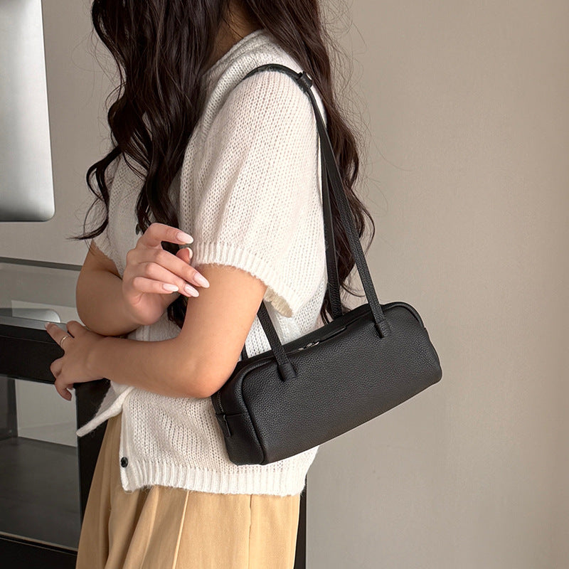 Women's Bowling Genuine Leather Baguette Underarm Niche First Layer Cowhide Women's Shoulder Bag