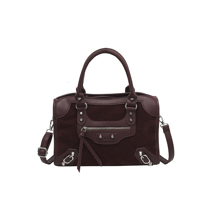 Women's Style Retro Motorcycle Winter Suede Contrast Color Women's Shoulder Bag