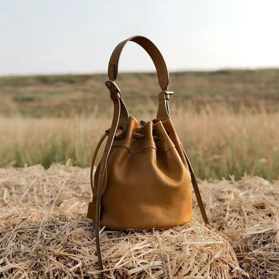 Vegetable Tanned Sheepskin Drawstring Commute Pouch Female Bags