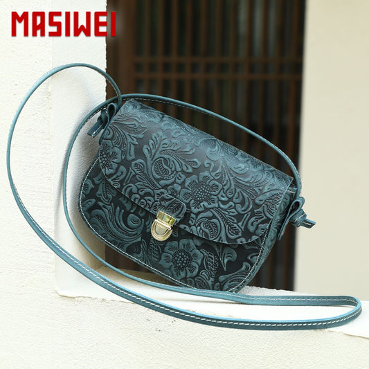 Women's Crazy Horse Leather Retro Embossing Fashion Women's Messenger Bag