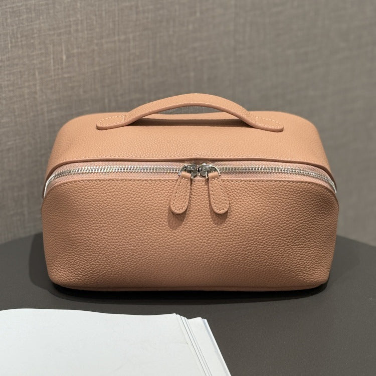 Simple High-grade First Layer Cowhide Texture Leather Portable Toiletry Large Cosmetic Bags