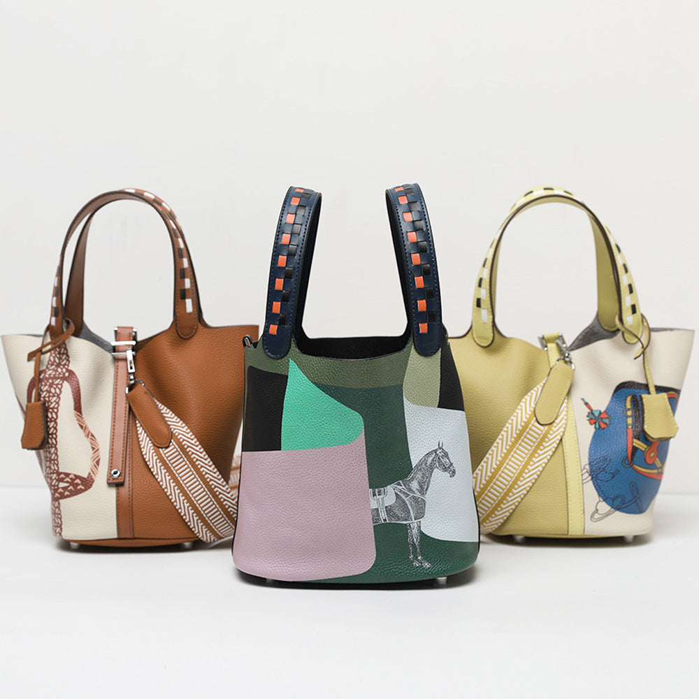 Women's Cowhide Painted Vegetable Basket Portable Adjustable Strap Bags