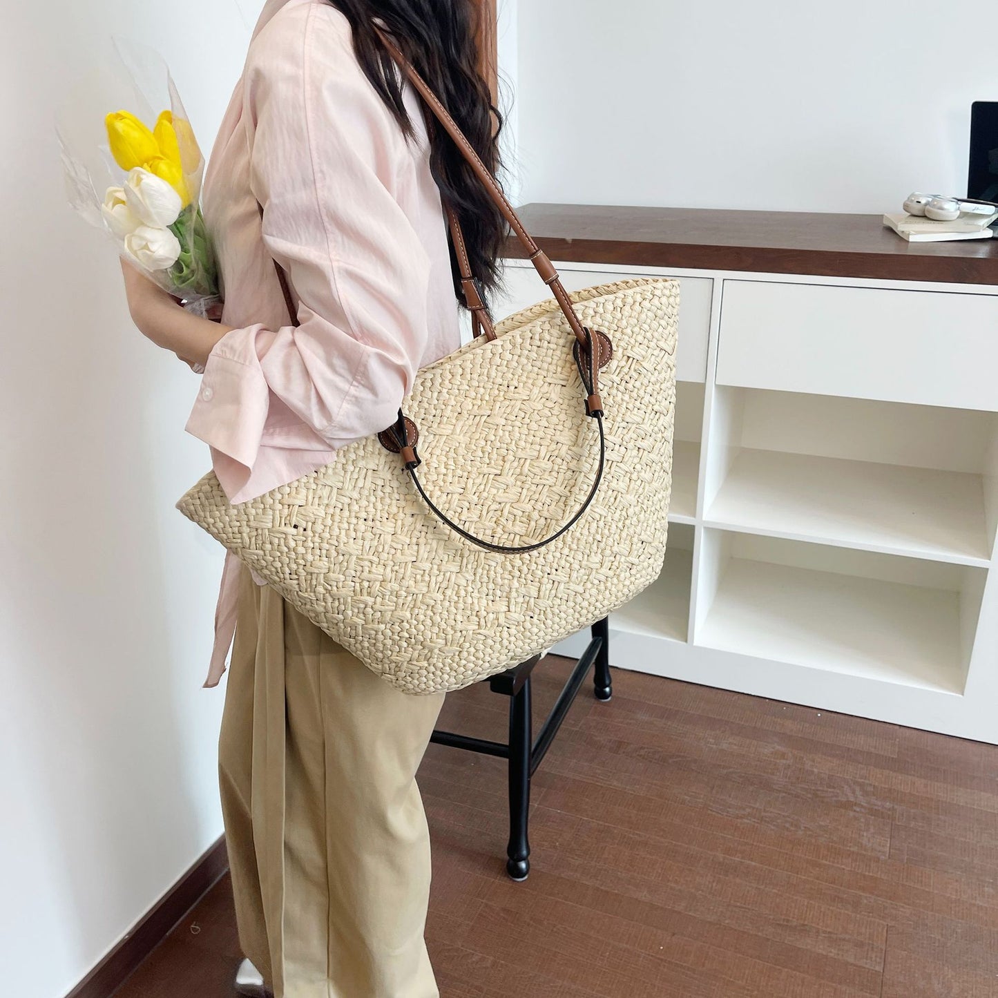 Women's Straw Woven Vegetable Basket Large Capacity Commuter Summer Seaside Vacation Tote Bag