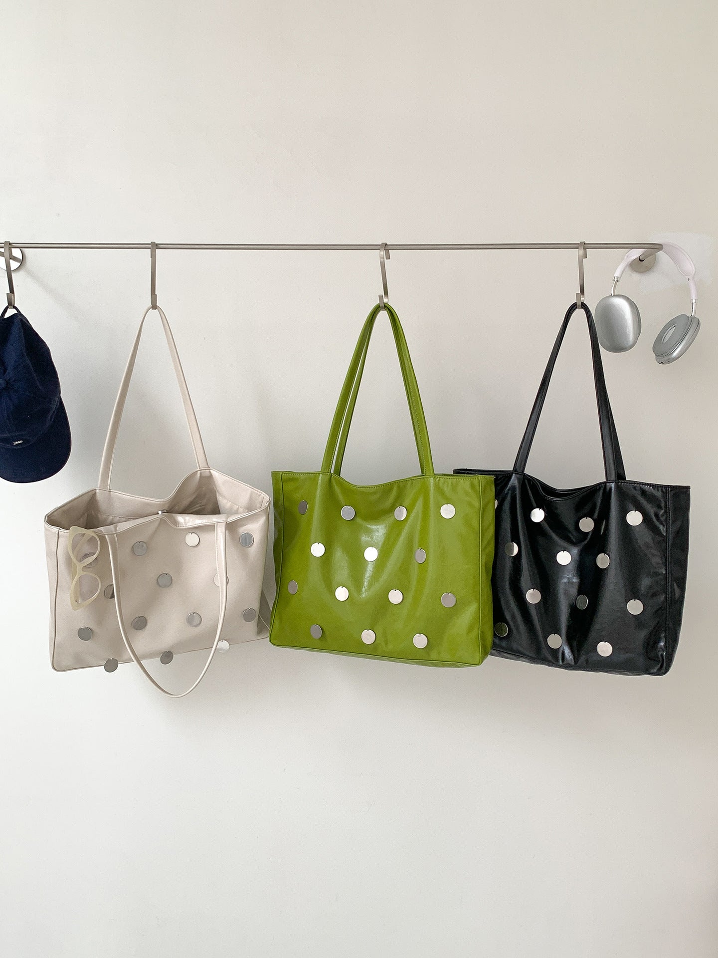 Metal Polka Dot Soft Leather Large Capacity Female Women's Shoulder Bag