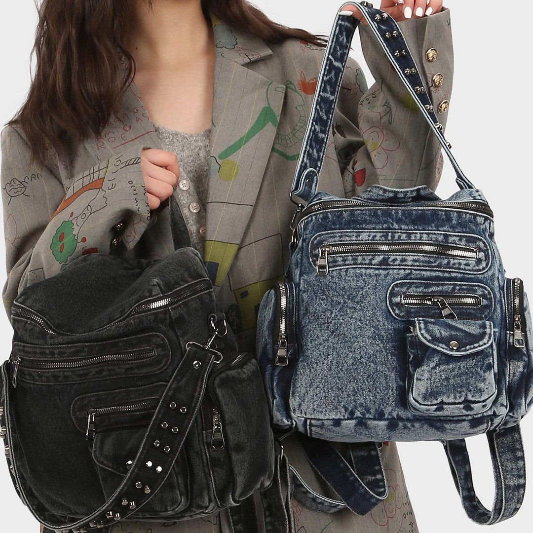 Retro Washed Denim Design Rivet Versatile College Leisure Backpack