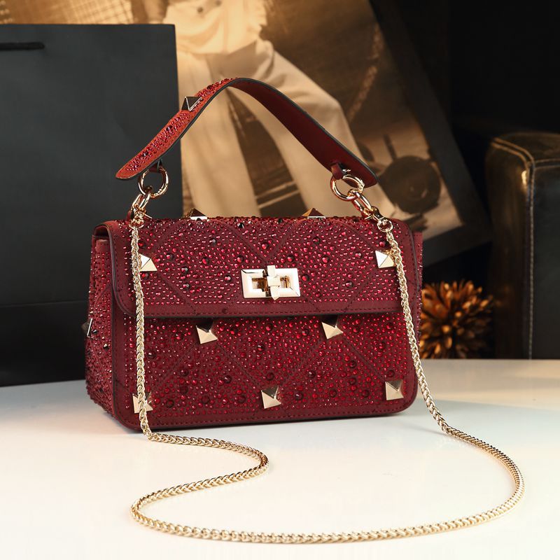 Women's Rhinestone Rivet Chain Fashion Portable Dinner Small Square Bags