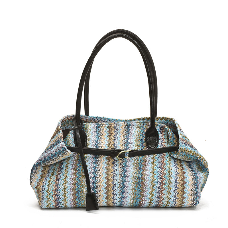 Women's Popular Color Woven Large Capacity Seaside Vacation Style Tote Bags