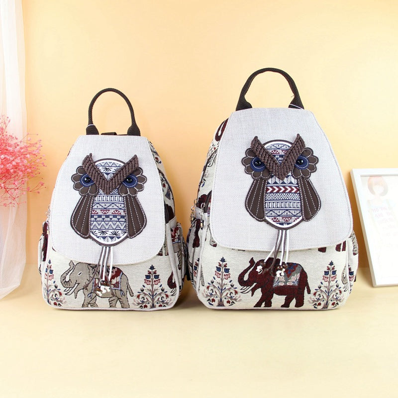 National Fashion Hand-woven Owl Antique Fabric Leisure Double Women's Backpack