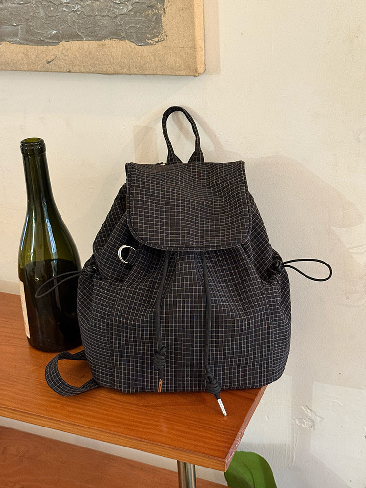 Women's Korean Style Plaid Drawstring Large Capacity Commuter Backpacks