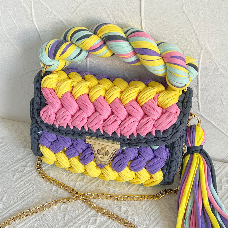 Contrast Color Handmade Finished Strip Thread Wool Bearded Bags